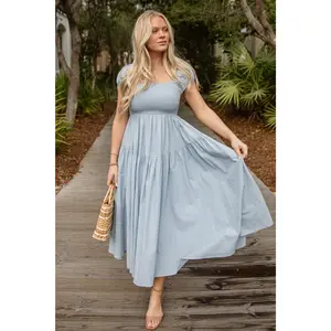 Coastal Muse Light Blue Smocked Midi Dress