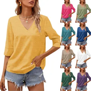 LAICIGO Womens Spring Summer Fashion Half Sleeve Casual V-Neck T-Shirt Solid Loose Basic Tee Tops