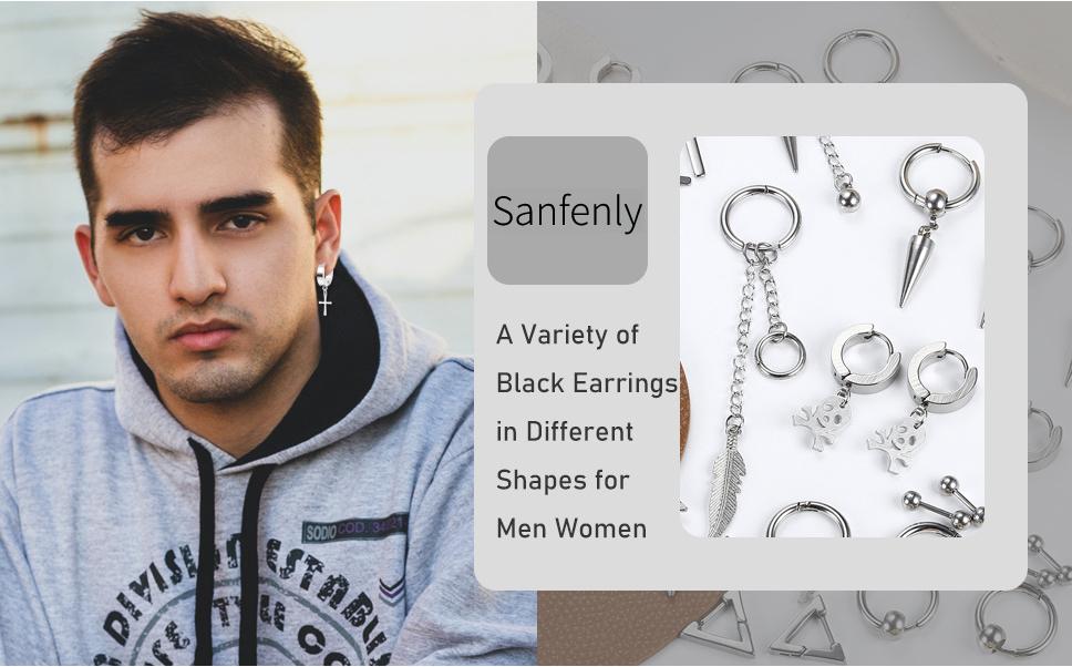 Sanfenly 21 PCS  Black Earrings Mens Earrings Stainless Steel Dangle Earrings for Men Women Kpop Earrings Piercing Hoop Earrings Set Black