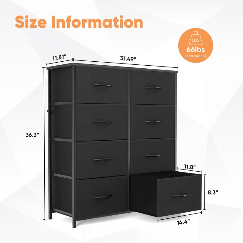 Dresser for Bedroom with 8 Fabric Drawers, Tall Chest Organizer Units for Clothing, Closet, Kidsroom, Storage Tower with Cabinet, Metal Frame, Wooden Top, Lightweight Nursery Furniture
