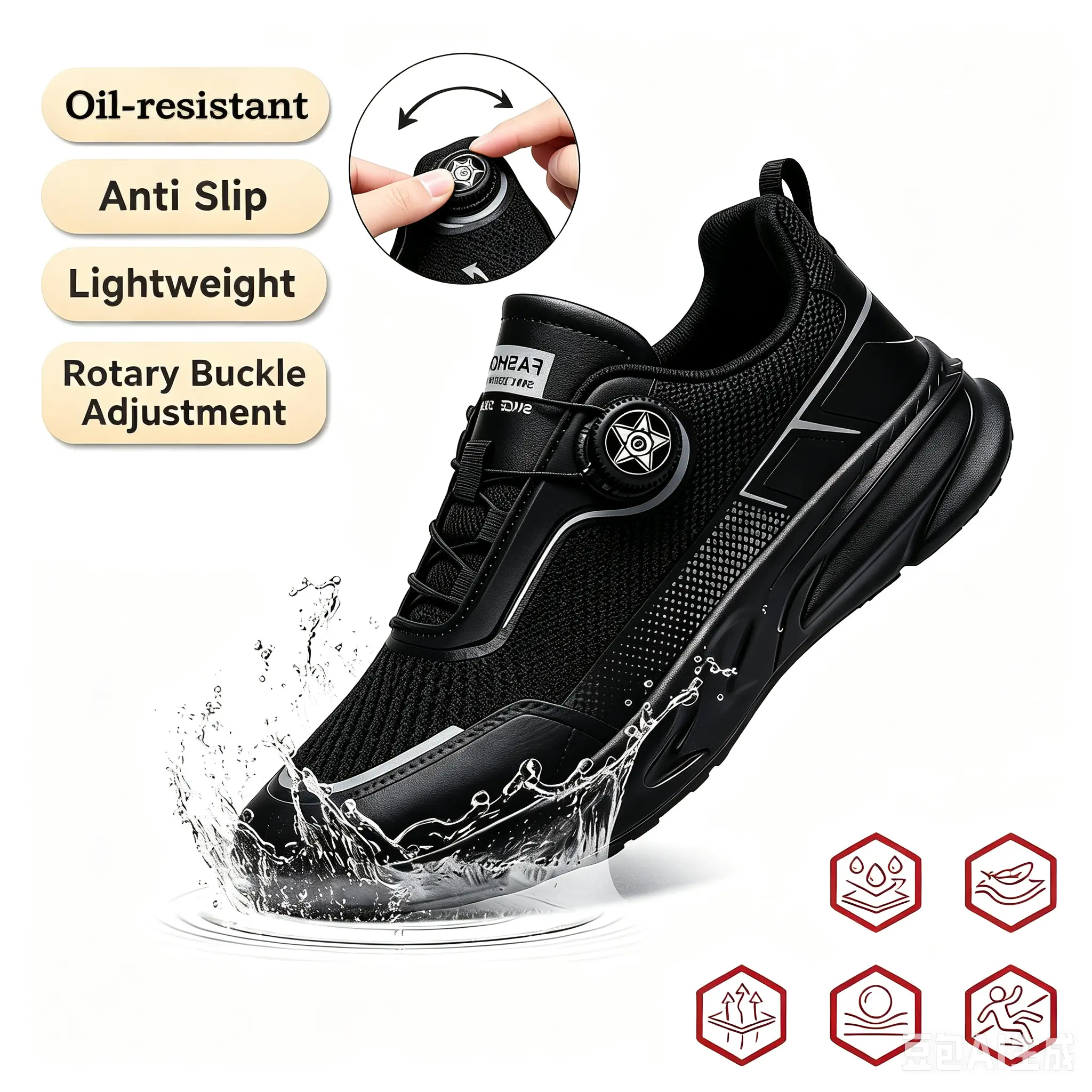 Men's work safety shoes, women's anti slip shoes, low top round toe oil resistant and waterproof PU mesh closed upper, breathable kitchen chef shoes,Manually adjust the tightness of the rotating buckle strap