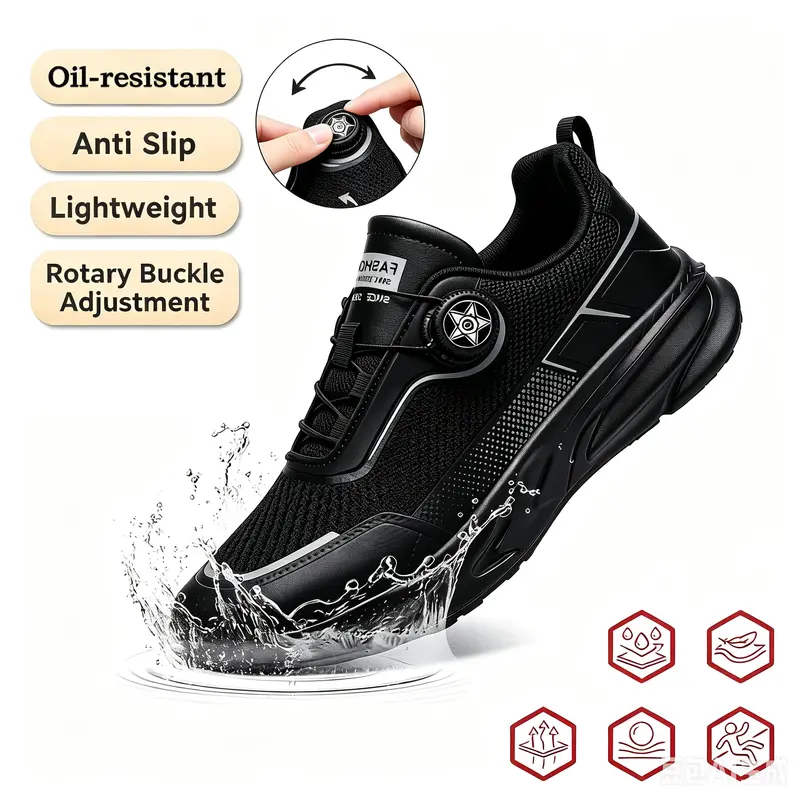 Men's Low Cut Round Toe Work Shoes - Lightweight Safety Sneakers, Breathable Worker Footwear, Non Slip Rubber Sole, Waterproof PU Mesh Closed Upper, Oil Resistant, Rotating Buckle Strap Adjustment, Flexible MD Walking & Safety Outdoor Shoes