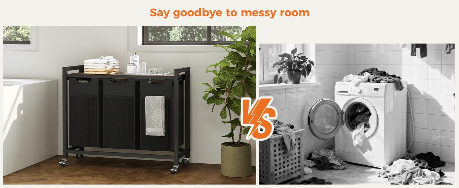 Laundry Hamper, Laundry Sorter with Shelf, Clothes Basket Organizer with 2 Pull-Out and Removable Bags, Movable Wheels for Laundry Room Bathroom Bedroom, 2 × 11.2 Gal (85L), Metal Frame, Black