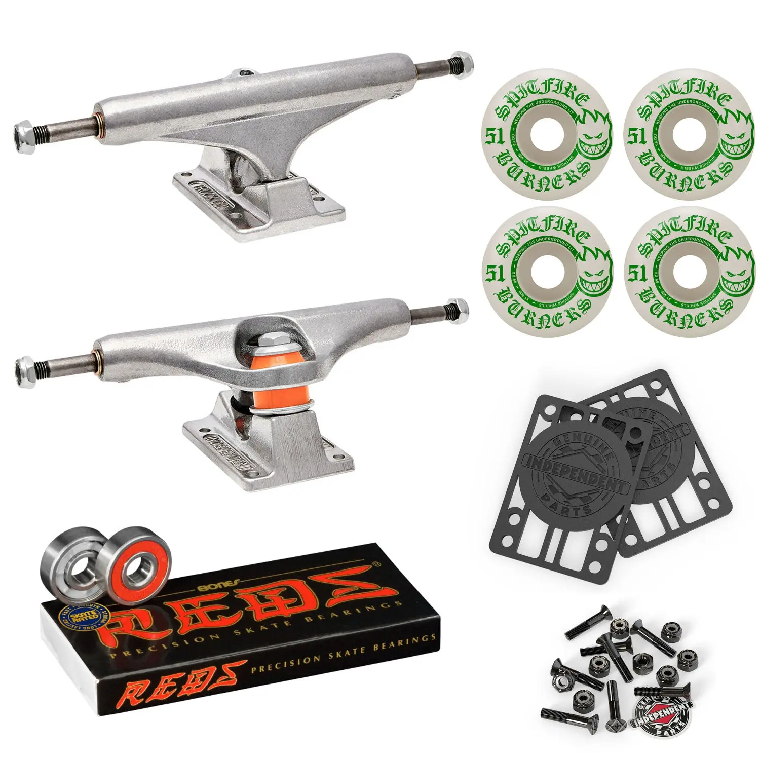 Independent Skateboard Trucks 139 Mid + 51mm Spitfire Burners Wheels, Bones Bearings