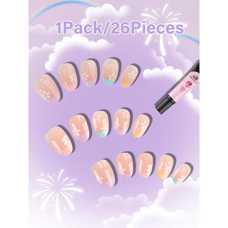 26 Pieces Press on Nails for Kids, EBANKU 1 Pack Kid Fake Nail Pink Flower Press on Nails for Girls 5-12 Years with Nail Glue