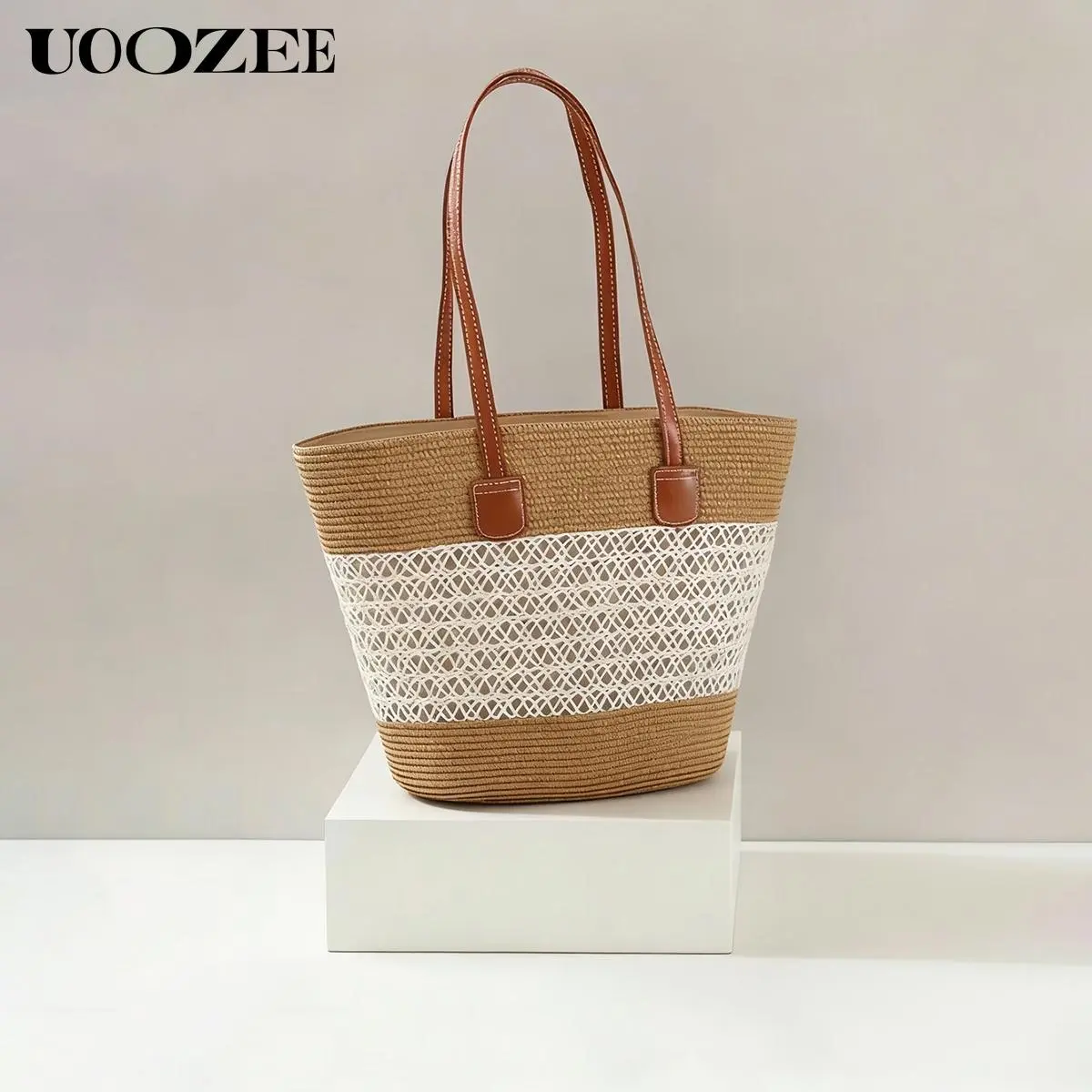 UOOZEE 2026 New Straw Woven Women’s Shoulder Tote - Large-Capacity, Double Leather Handles, Lightweight, Fashionable Bohemian Bag, Bohemian Chic, Zip Closure, Ideal for Casual Use & Boho Outfits, Double Handles, Natural Straw, Lightweight Carry, Two-Tone