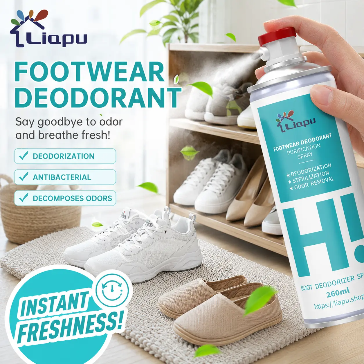 LIAPU Footwear Deodorizer Spray 260ml – Odor Removal, Antibacterial Shoe Spray, Deodorizer for Boots, Sneakers, Sports Shoes & Daily Footwear Deodorising Spray