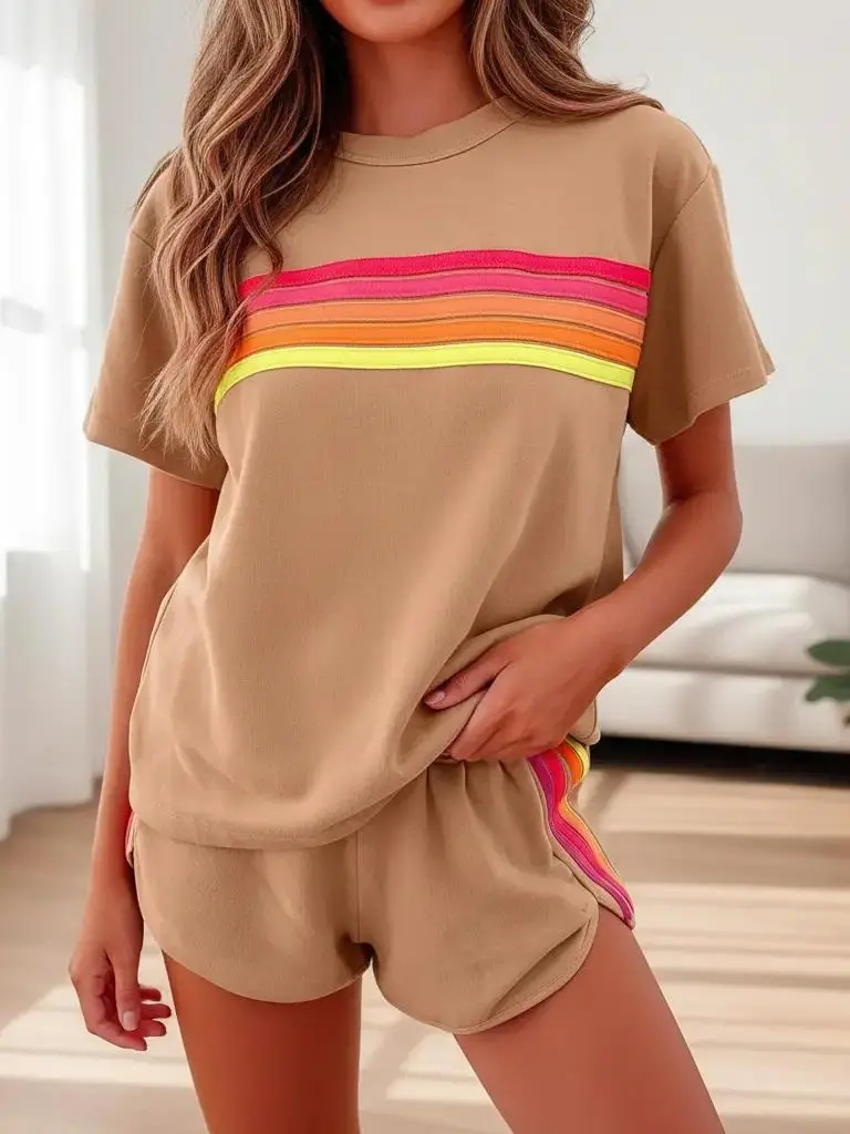 Tongudon Women Rainbow Striped 2‑Piece Outfit, Crew Neck Short‑Sleeve Top & High Waist Matching Shorts, Casual Dopamine Summer Matching Set