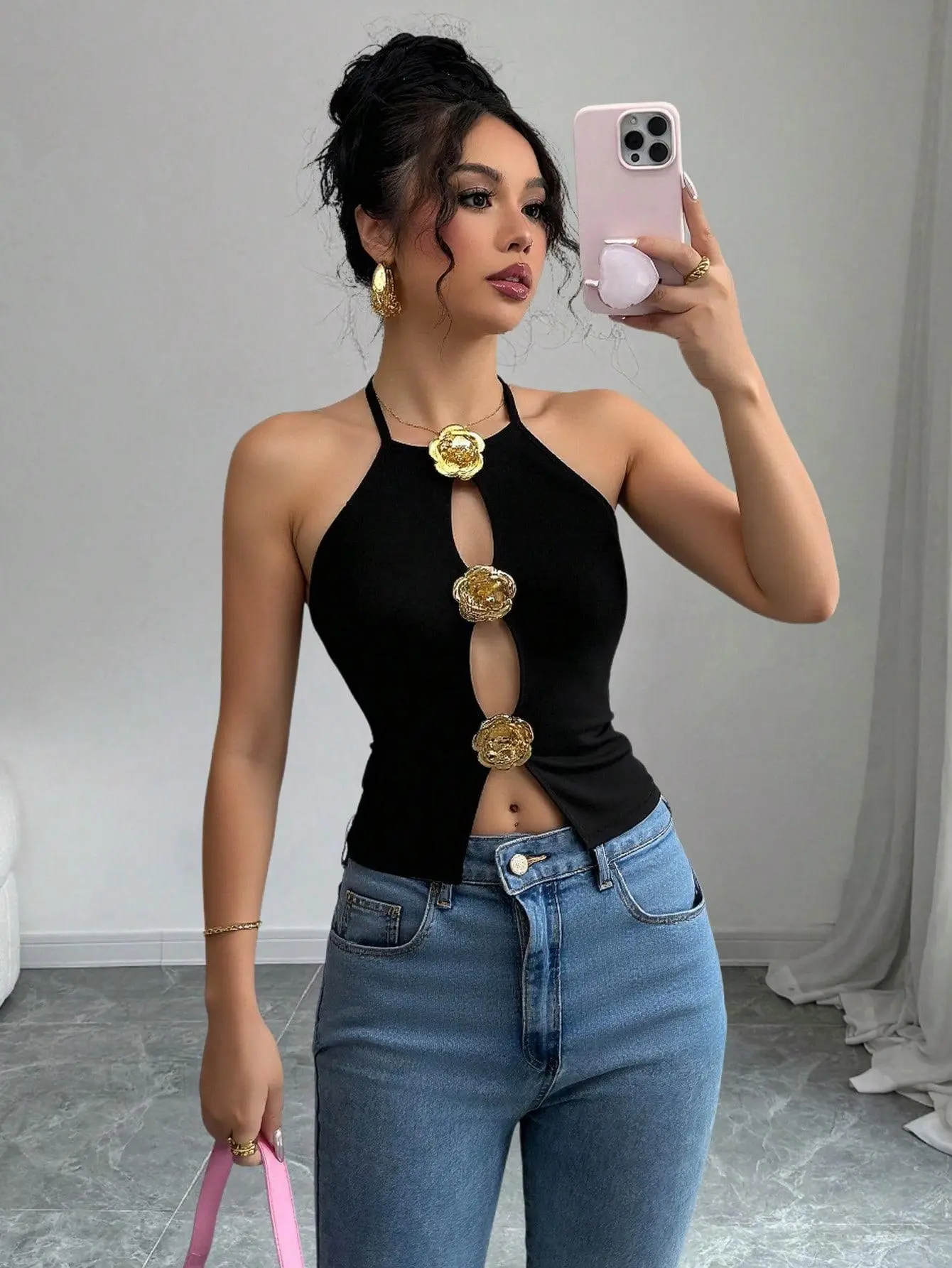 Women's Metal 3D Flower Decor Hollow Casual Camisole