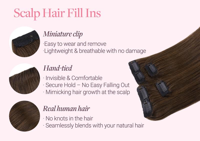 GOO GOO Scalp Hair Fill-Ins Clip-in Short Hair Extensions Real Human Hair, Thinning Hair Fill-Ins Natural Look Volumizer for Women