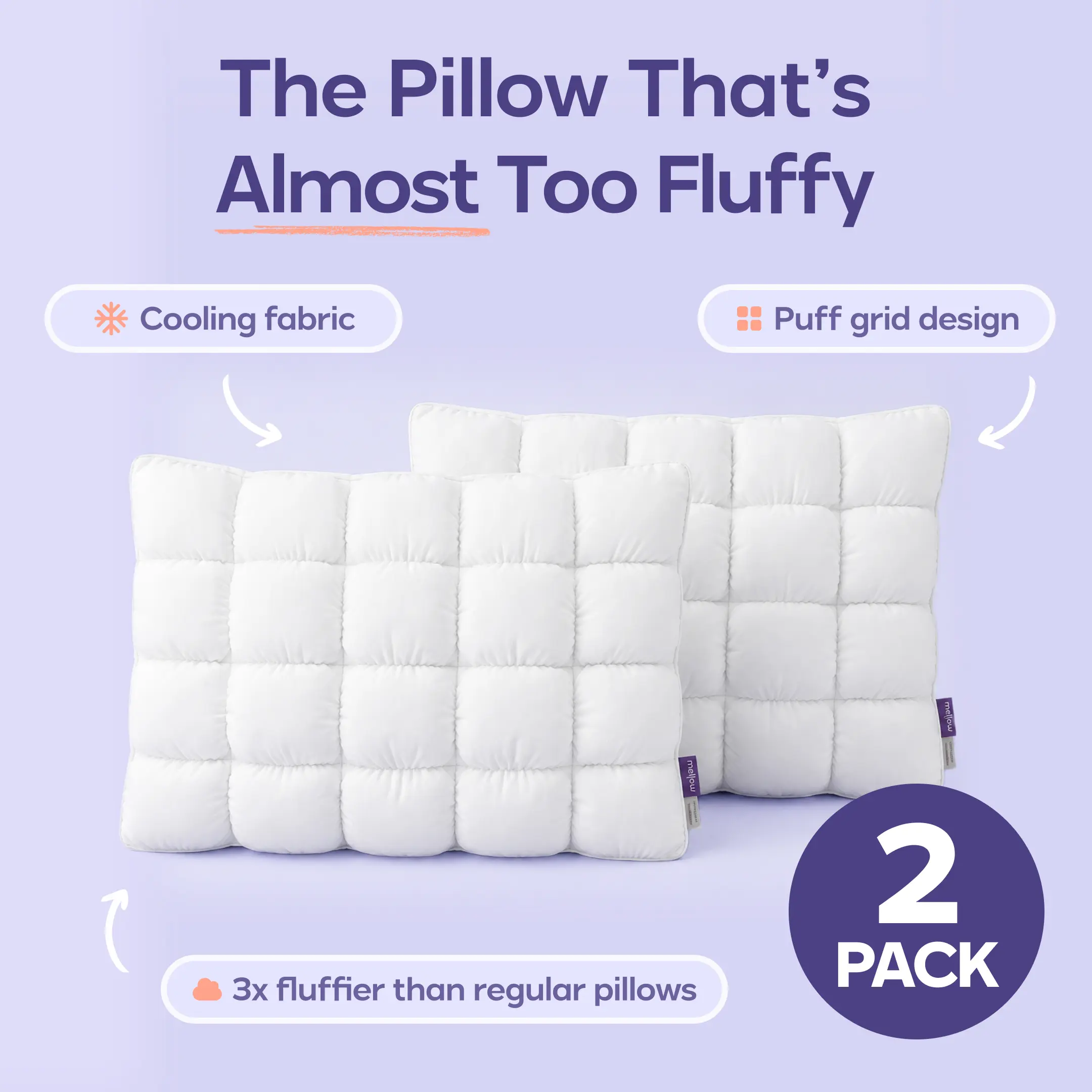 Mellow Sleep | Puff Pillow (2-Pack) – Soft Quilted Puff Grid Design Pillow, Fluffy Plush Bed Pillow with Cloud Like Comfort, Breathable Support Pillow for Side, Back & Stomach Sleepers, Cozy Bed Pillow for Better Sleep