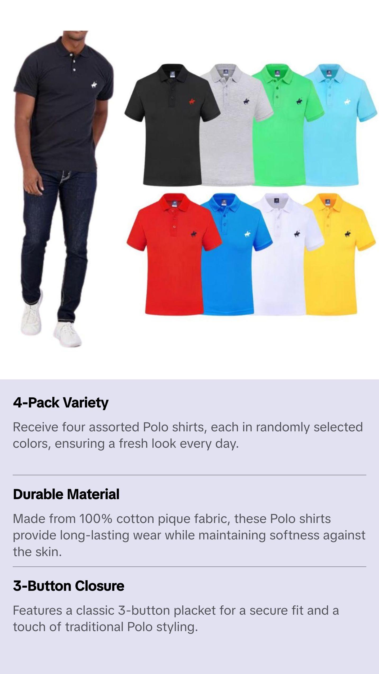 4-Pack: Men's 100% Cotton Pique Short Sleeve Polo Shirts