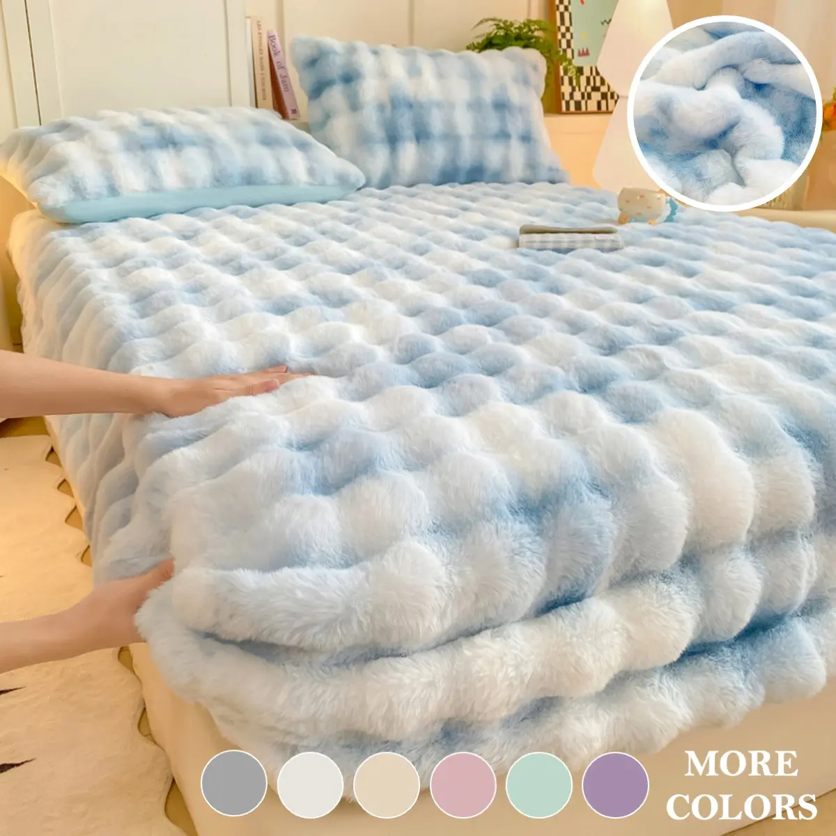 1PC Ultra-Soft Solid Color Faux Rabbit Fur Plush Bed Cover, Machine Washable with Elastic Band, Warm Light Beige, Fade-Resistant, Fitted Plush Bed Coverlet for Bedroom & Guest Room, Bed Decor, Soft Bedding