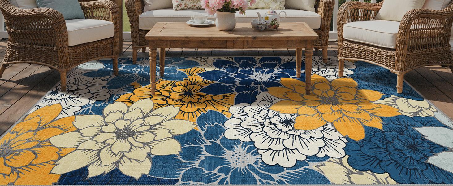 GENIMO Indoor Outdoor Area Rug 8'x10', Machine Washable Rugs for Patio, Waterproof, Non-Slip Easy Cleaning Floral Outdoor Mat Carpet for Living Room, Bedroom, RV, Balcony, Deck, Camping
