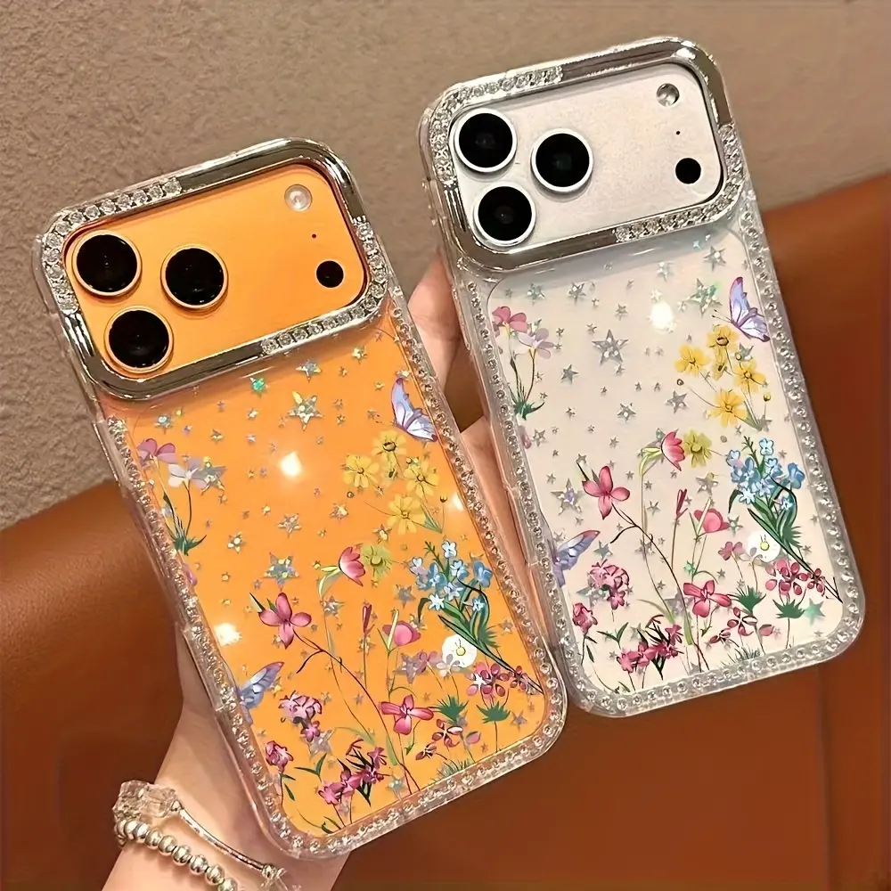 Butterfly Flower Luxury Rhinestone Fashion Phone Case, Transparent Sparkling Diamond Frame Star Case Anti-Drop Case, Compatible with iPhone 17 Pro Max 17 Air 16 15 14 Plus 13 12 11 Protective Cover, Christmas Gift, New Year Gift, Easter