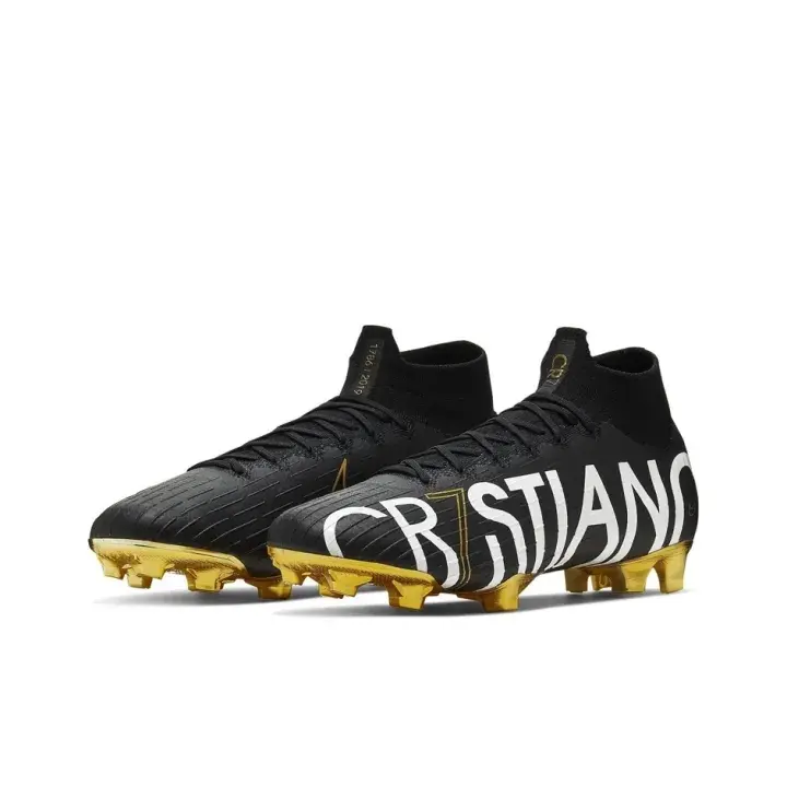 Brand New Retro High-Cut Collar Soccer Cleats, Bold Oversized Letter Graphic Breathable Knit Upper, Glossy Metallic Gold Firm-Ground Studs, High-Traction Non-Slip Outsole for Grass Field Matches, With Original Shoe Box