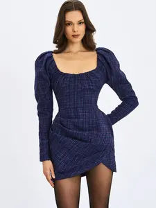 Denise Navy Tweed Ruched Puff Sleeve Mini Dress