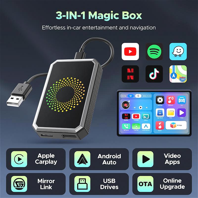 CarPlay AI Box for Netflix YouTube TikTok, Wireless CarPlay & Android Auto Adapter, 3-in-1 Magic Video Streaming Box, Convert Wired to Wireless, Plug & Play Dongle