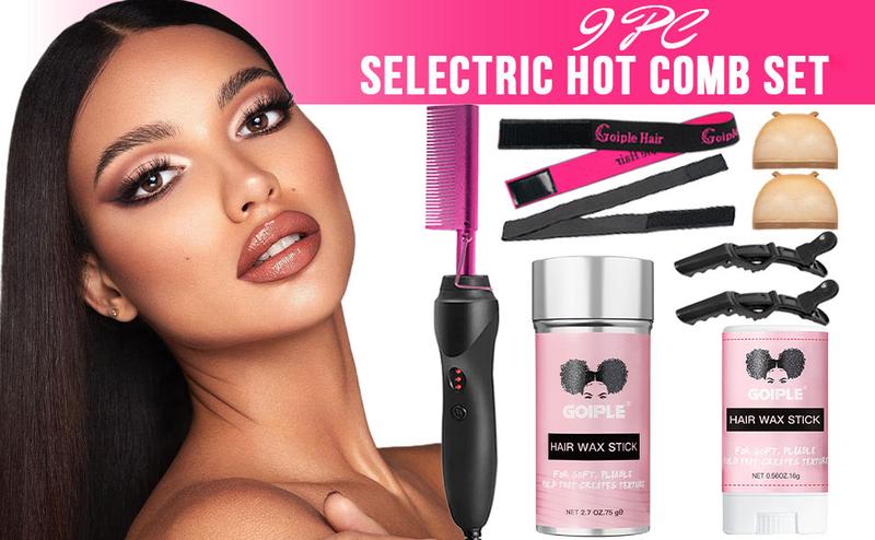 9 Count Hot Comb Set Pink Electric Hair Straightener and Curling Iron for Natural Black Hair Wigs with Wax Stick Wig Cap Soft Pliable 9 Count Hot Comb Set Pink Electric Hair Straightener and Curling Iron for Natural Black Hair Wigs with Wax Stick Wig Cap Soft Pliable