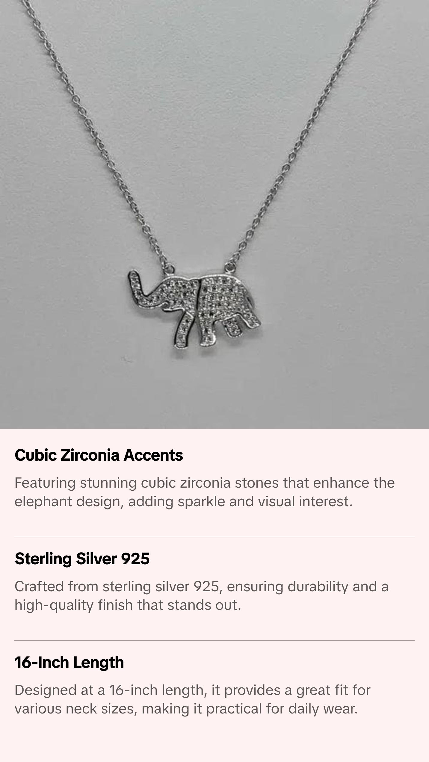 Brand New Sterling Silver 925 Elephant w/ cubic zirconia stones Necklace