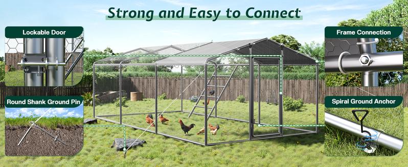 AMERLIFE Large Chicken Coop with Perch and Hinged Door, Spire/Dome Roof Walk-in Chicken Run with Metal Frame and PE Cover for Backyard Poultry, Ducks, Rabbits