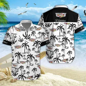 Cadillac Ver 1 Hawaiian Shirt - Stylish Button Front Short Sleeve Four-Way Stretch Cotton Wool Polyester Fabric Sizes S-5XL Adjustable Fit for Casual & Formal Events Tropical Palm Tree Design Beige Plain Tops