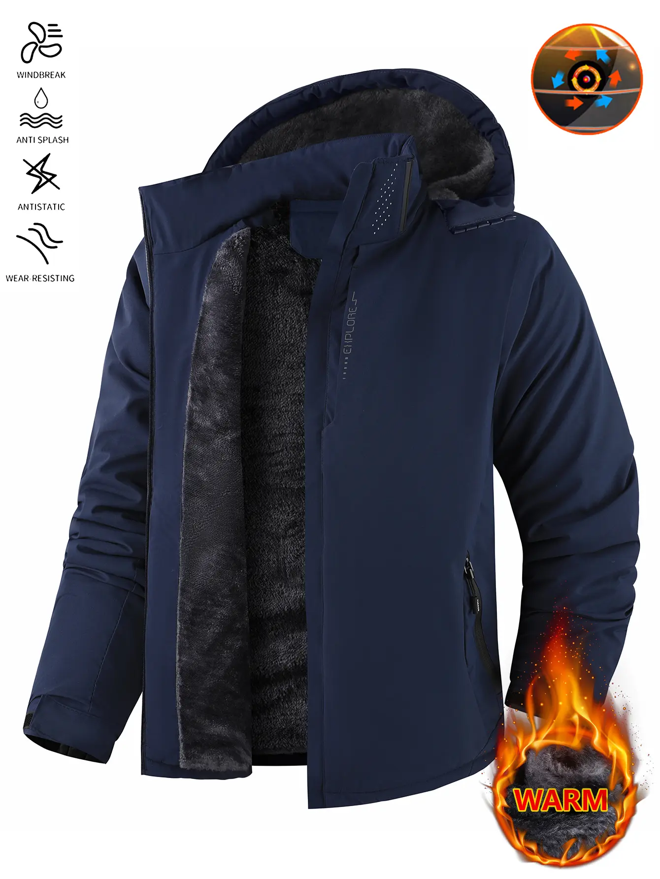 Men's Fitted Long Sleeve Winter Ski Jacket - Warm Lambswool-Lined, Waterproof, Windproof, Hooded Insulated Outdoor Outerwear, Machine Washable for Snowboarding, Hiking