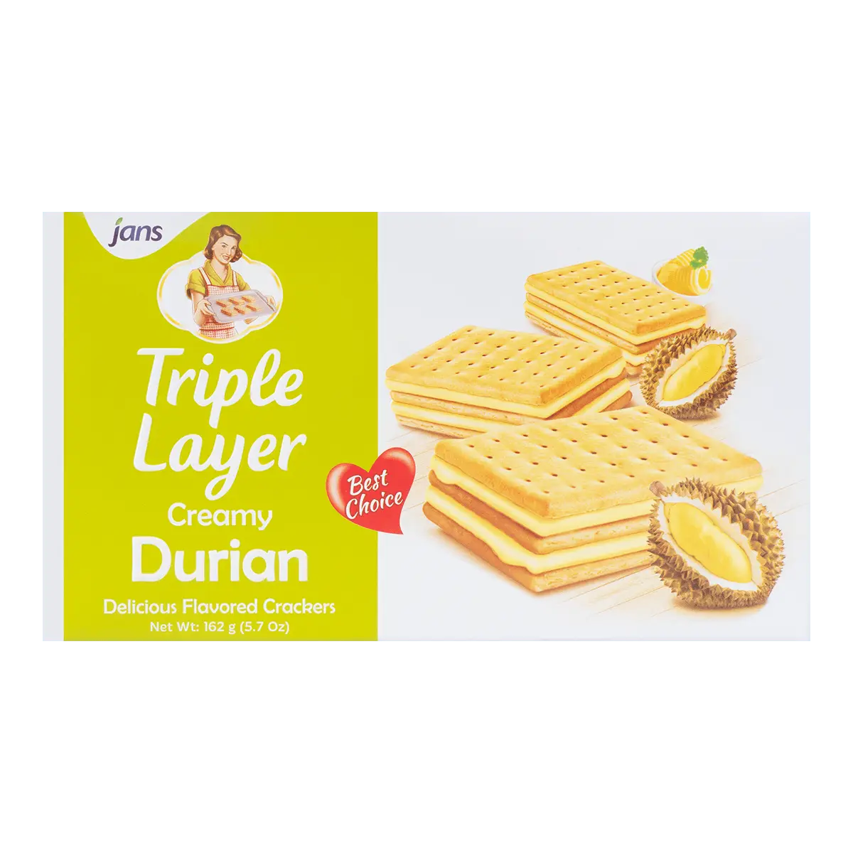 JANS Indonesian Durian Sandwich Cookies, 3-Layer Cream Filled Biscuits, 5.7oz Snack Pack