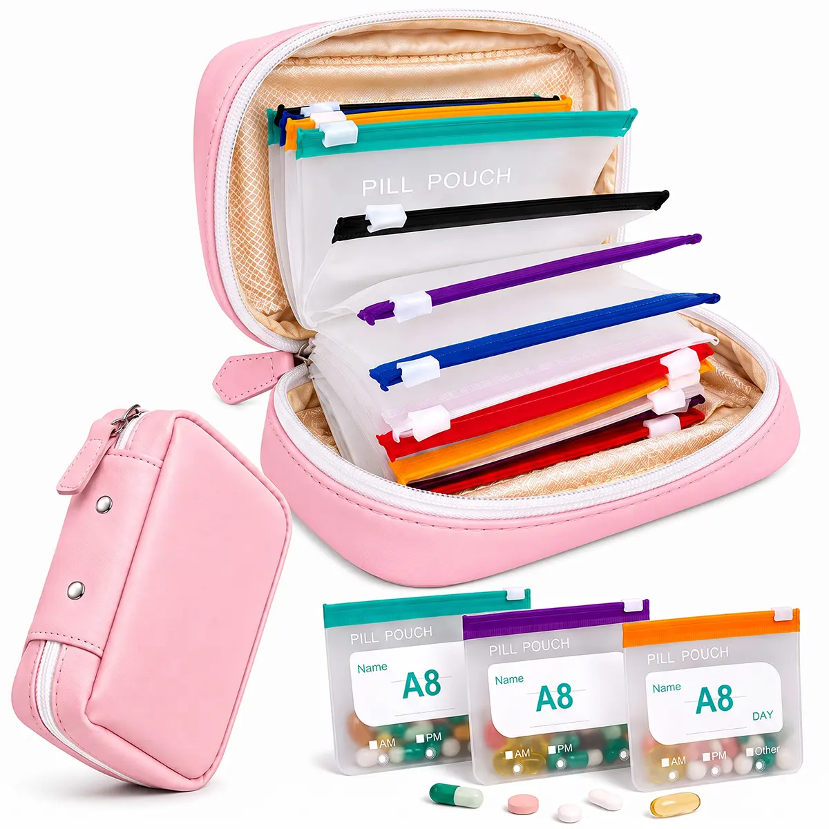 A8 Waterproof Binder Pill Organizer Set - 14 Color-Coded Airtight Reusable Transparent Bags, Travel Size Solution for Daily Medicine, Vitamins, Fish Oils, Supplements & Medical Needs (Portable Pick),dorm room inspo,college dorm essentials,dorm haul