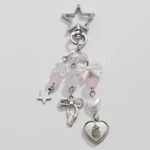 Y2K Beaded Keychain Bag Charm with Bow, Star & Heart Locket – Cute Pink Aesthetic Charm for Bags, Backpacks & Keys