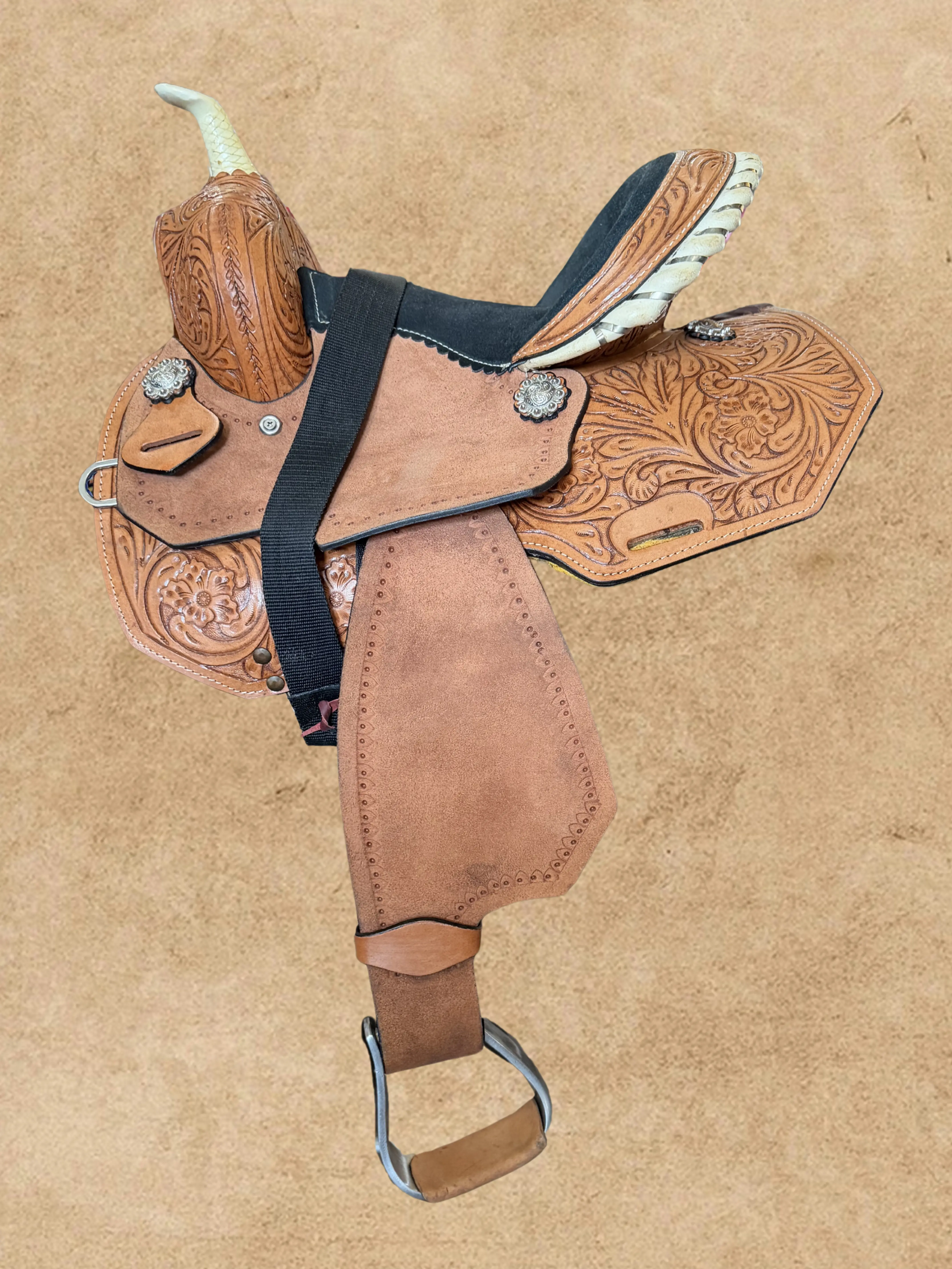 Youth 12-in Western Saddle - Equestrian Western Tack, Riding Gear with Black Suede Seat, Floral Tooled Leather