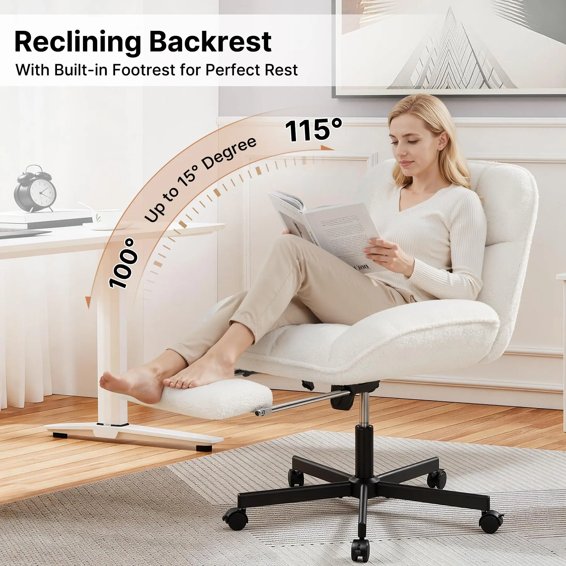 Criss Cross Office Chair with Foot Rest, Thick Cushioned Cross Legged Office Chair, Armless Wide Seat Reclining Desk Chair, Height Adjustable Criss Cross Chair for Home Office,Vanity,