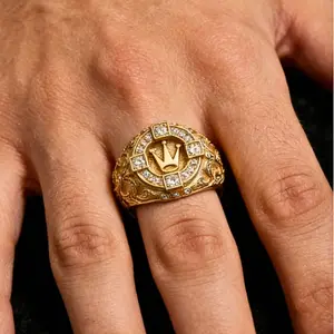 This 14k gold-plated ring features a classic double C crown design, making it a fashionable choice for men's everyday wear, parties, or as a gift.