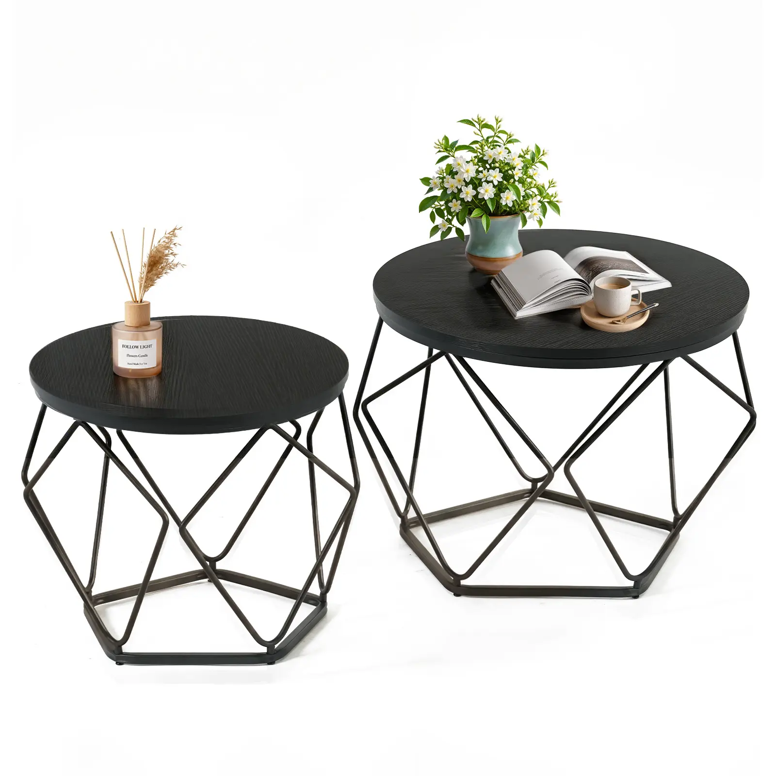 Small Coffee Table Set of 2, Round Side Table with Steel Frame, Nesting End Tables for Living Room, Bedroom & Office, Decor & Practical Use
