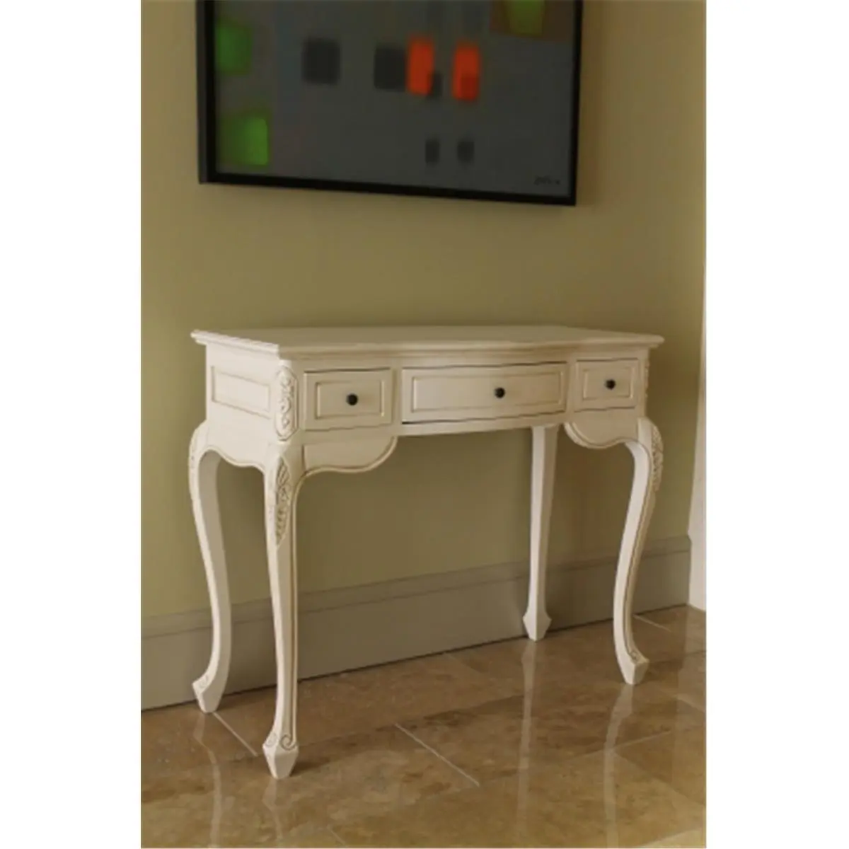 Hand-Carved Hardwood Vanity Desk with Carving Detail - International Caravan Inc Antique White Commercial Office Furniture, 3 Drawers Storage, Depth:17in, Height:31in, Length:37in