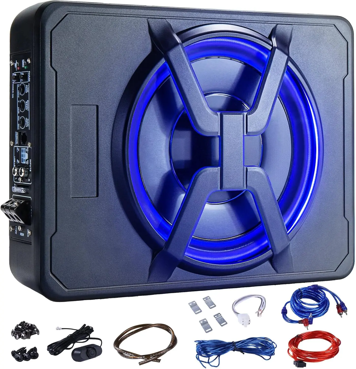 1000W Car Subwoofer, 10'' Slim Under Seat Powered Car Subwoofer w/Built-in Amplifier & Hi/Lo Input, Bass Speaker Subwoofer with Blue LED Light, Individual Control, for Car/Truck/SUV/Jeep/MPV, X-shaped