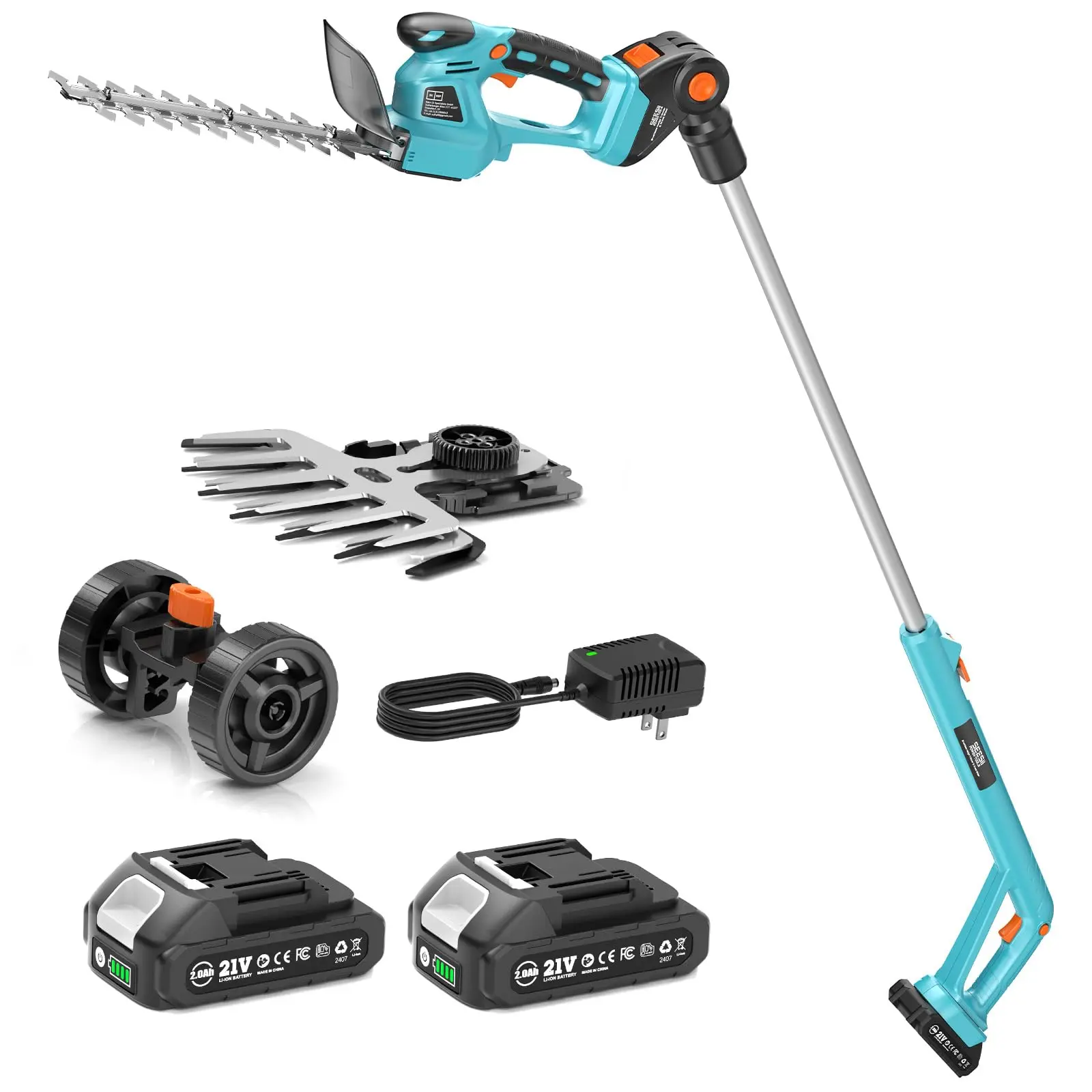 SEESII 2-in-1 Brushless Hedge Trimmers, Cordless Grass Shears with Dual 2.0 Ah Batteries, 6" Electric Bush Shrub Trimmer with Dual Action Blade, Handheld Grass Cutter for Yard Garden, Lawn Pruning OT8E601D HT100