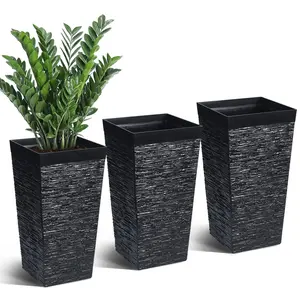 Garvee 22.7 Inch Tall Rectangle Planters Set of 2, Large Outdoor Plant Pots with Drainage and Wheels, Black Planter for Porch, Patio, Garden, Indoor