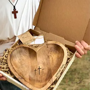 Wooden Heart Shaped Prayer Bowl with 24 Prayer Cards, Handcrafted Vintage Prayer Bowl with Cross & Letter Pattern, Religious Decorations for Home Living Room Bedroom Church, Christian Ornaments, Home Decor, Valentine's Day, St.Patrick's Day Easter Sunday