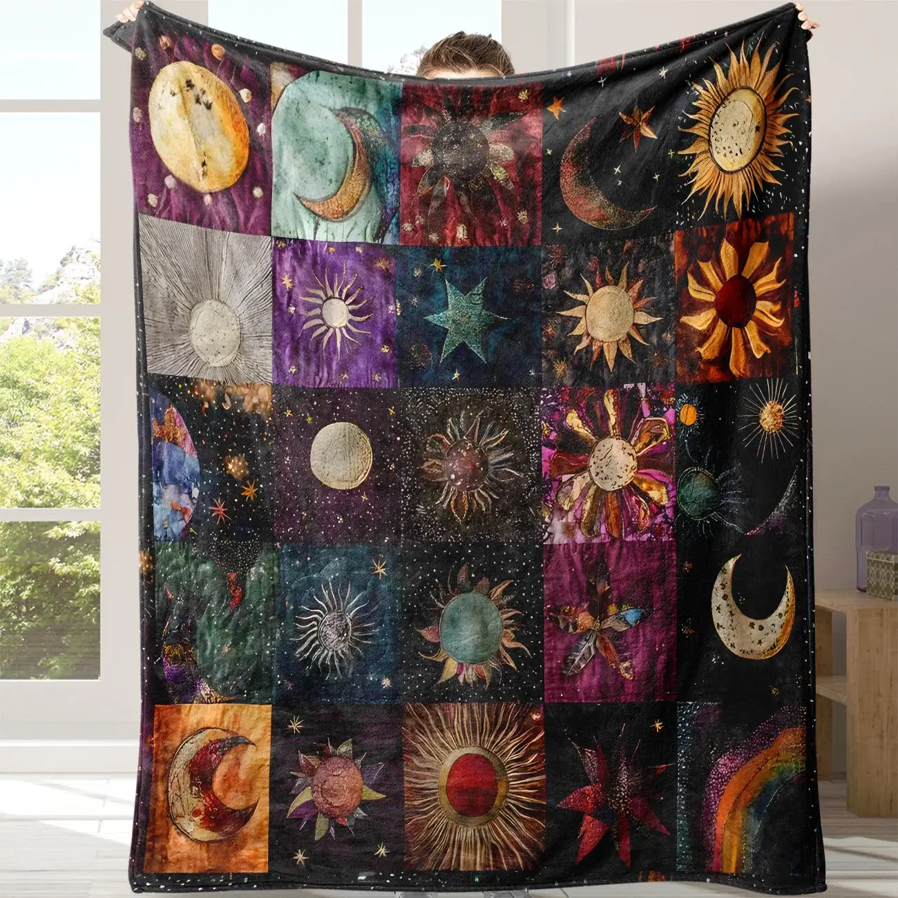 Celestial Sun & Moon Patchwork Flannel Fleece Blanket - Boho Blankets with Bohemian Hues, Astrology Watercolor Print, Fade Resistant, Cozy Setup for Couch Bed, Witchy Lovers Gift, Room Decor Accent, Home