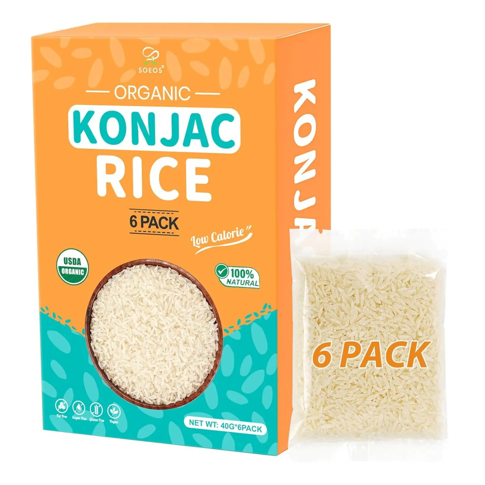 Soeos Organic Dried Konjac Rice 6 Pack 40g Each Plant Based Quick Cooking Rice Alternative for Stir Fries Soups & More USDA Organic Low Calorie 100 Natural