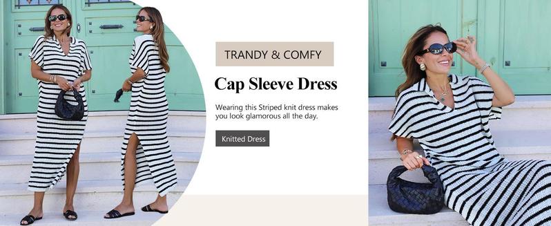 Imily Bela Womens Striped Summer Dresses Short Sleeve V Neck Knit Collared Sexy Slit Loose Maxi Sweater Dress