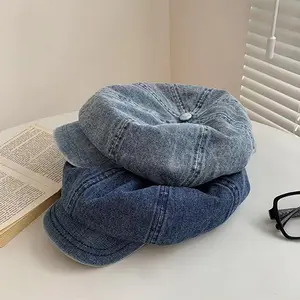 Women's Denim Newsboy Beret Cap Visor Cap Elegant British Style Paperboy Painter Octagonal Hat Cotton Blend Washed Denim Fashion One Size