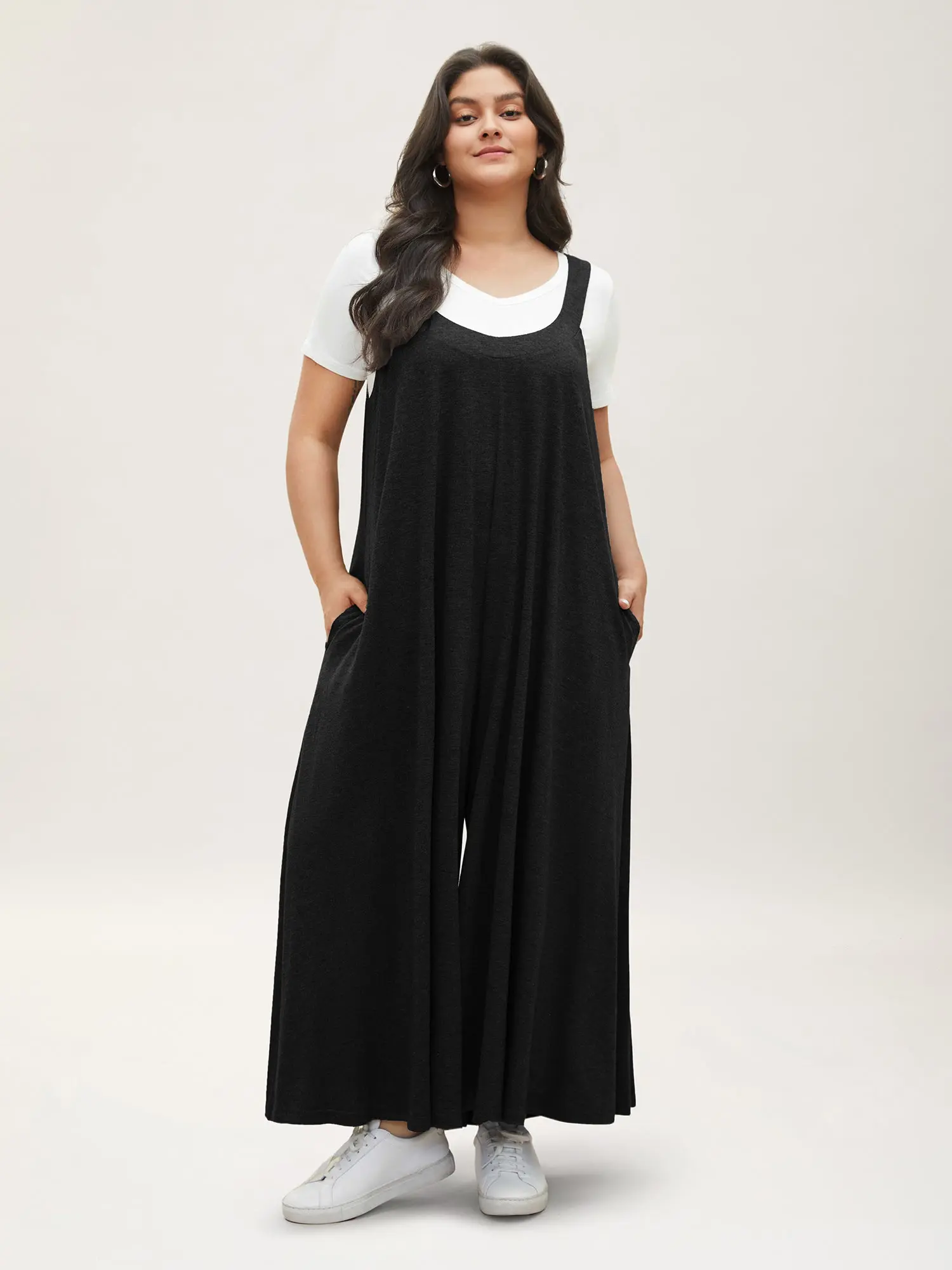 BLOOMCHIC Women's Plus Size Silky Smooth Spandex Jumpsuit - Sleeveless Minimalist Style Solid Pocketed Adjustable Straps [M-6X] 2026 Summer Spring Clothes Overalls,Summerfinds