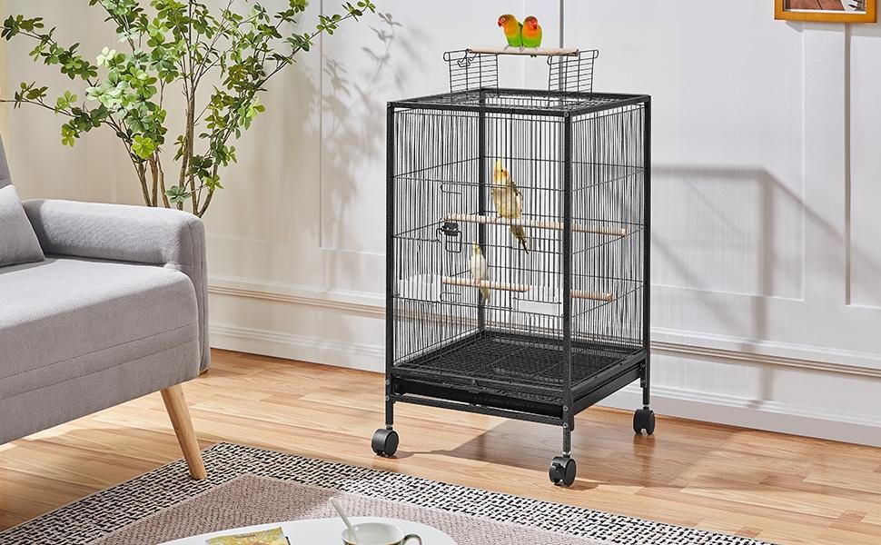 Yaheetech  35-Inch Wrought Iron Bird Cage with Rolling Stand Open-top Parrot Cage For Small-sized Birds Black