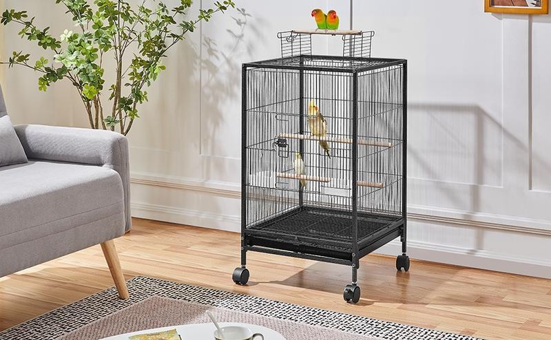 Yaheetech  35-Inch Wrought Iron Bird Cage with Rolling Stand Open-top Parrot Cage For Small-sized Birds Black