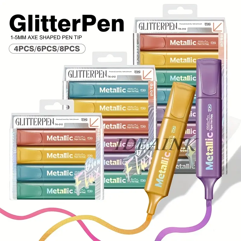 Back to school shopping-4/8Colors Sparkling Metallic Highlighters Set - Quick-Dry No Smudge  glitter marker  with Chisel Tip, & Non-Toxic Ink for Note Taking, Journaling, Coloring, Planners, Art (Vivid Pearlescent Colors)