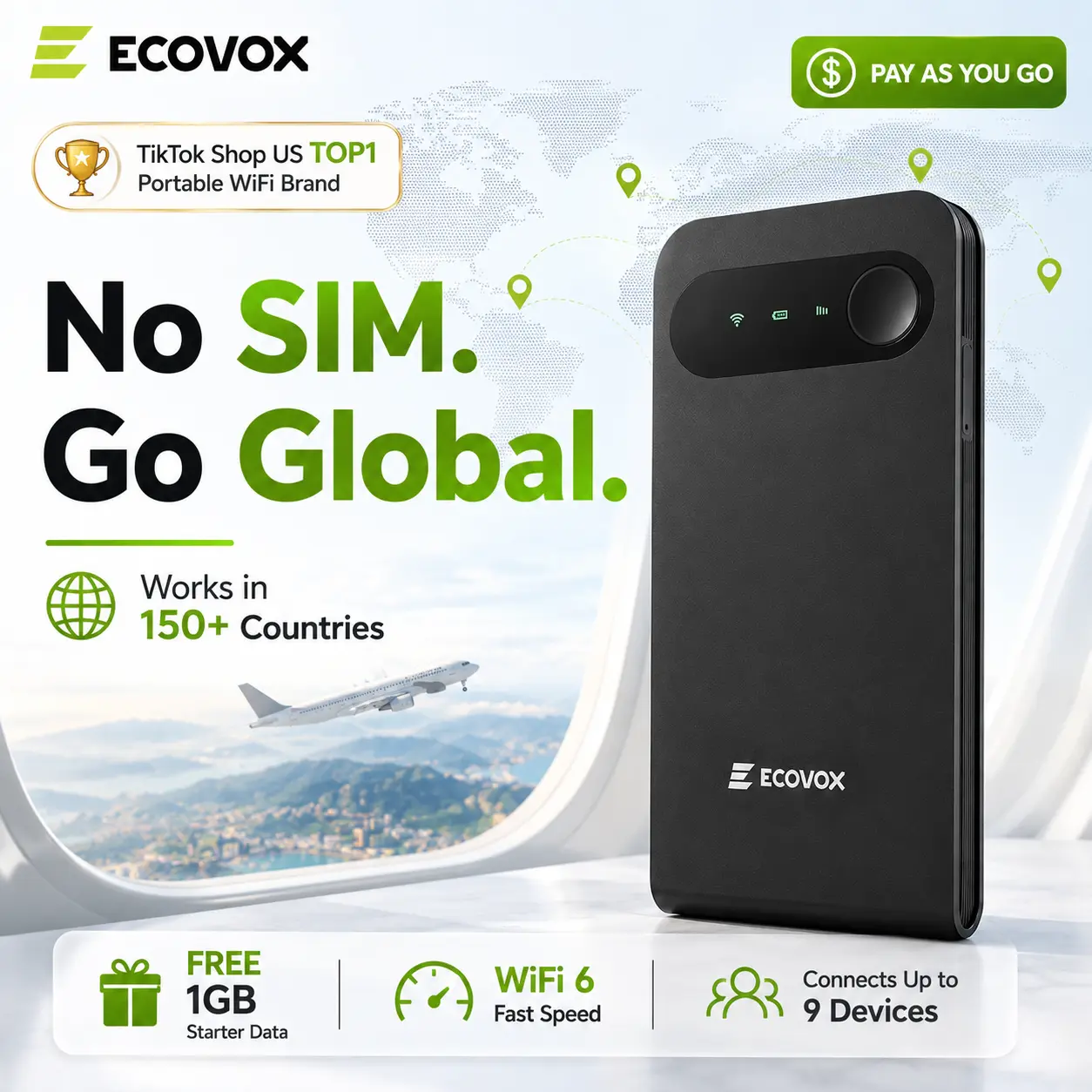 ECOVOX 2026 Upgraded Travel WiFi Hotspot | No SIM Card Needed | 4G LTE WiFi 6 | 150+ Countries Free 1GB Data | Connect 9 Devices for Road Trips Dorm | Back to School Essentials Travel Must Haves