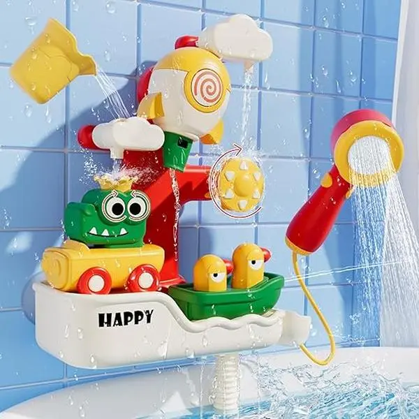 360° Rotate Shower Toy Set, Wave Design& Duck Shape, Waterproof Tech, StrongSuction Cup Wall Mount, Fun Bathing Atmosphere  Electric Shower with , Rocket Whistle, Cute Car Toy & Little Yacht The ideal gift for children