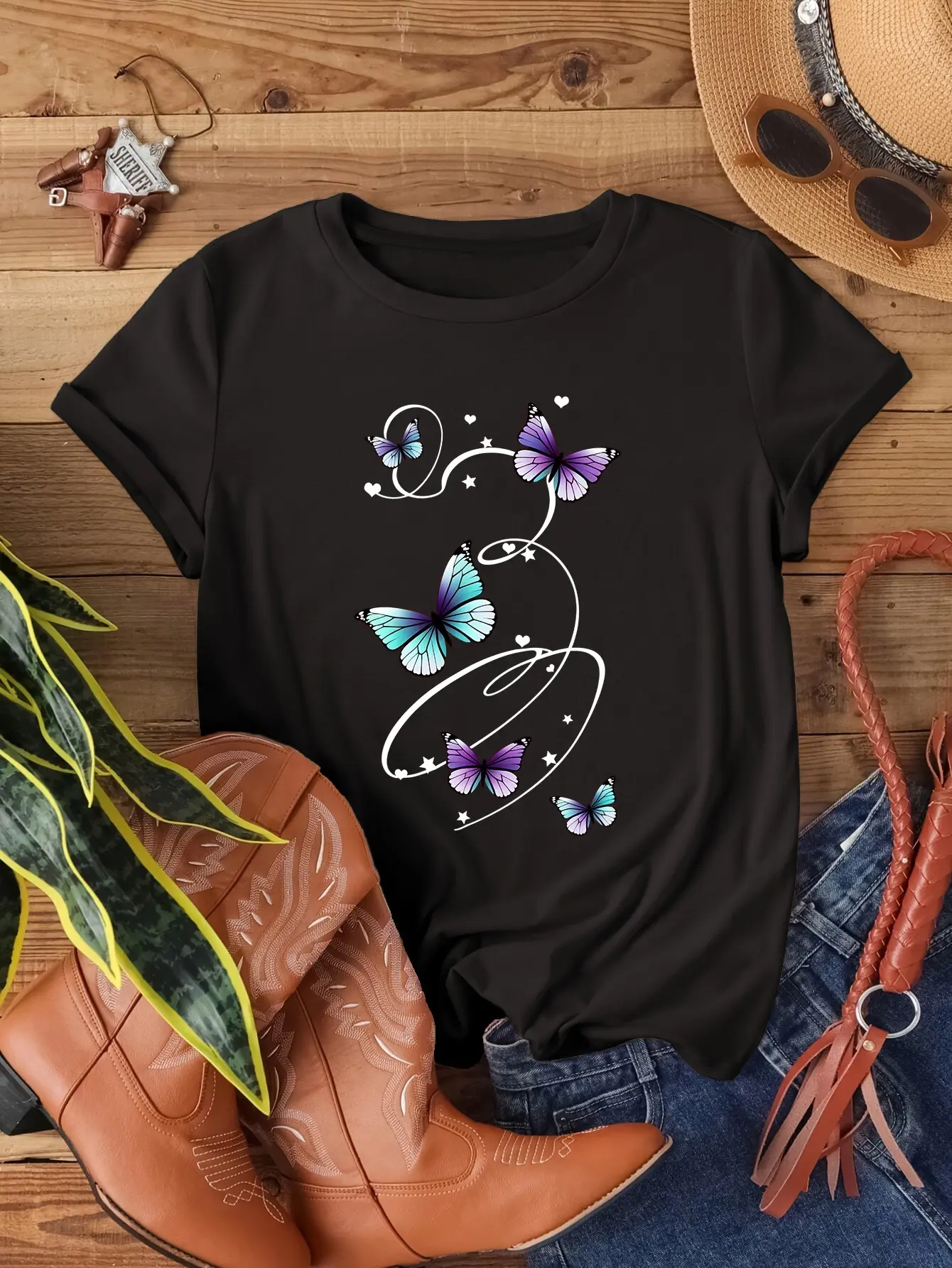 Women's 2025 New Small-Size Short-Sleeve Butterfly Print Cotton Top - Soft Breathable Fabric, Comfortable, Washable, Lively Style, Round Neck, 4-Season Daily Casual Wear, Matches Skirts & Pants, Fits 2xl-3xl Sizes & Many Body Types